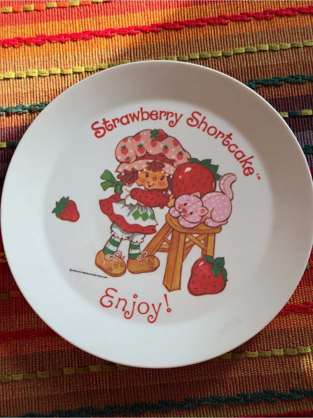 American Greetings White Plate with Red and Pink Strawberry Shortcake Art